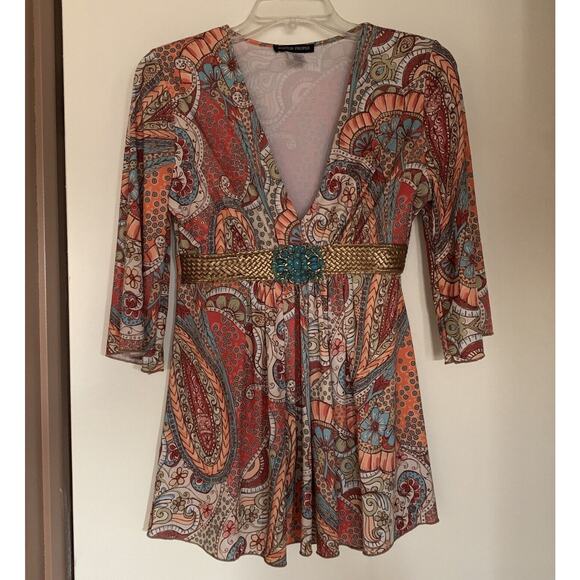 Boston Proper Orange Turquoise Paisley Top Beaded Rhinestone Bling Blouse S - Picture 2 of 7